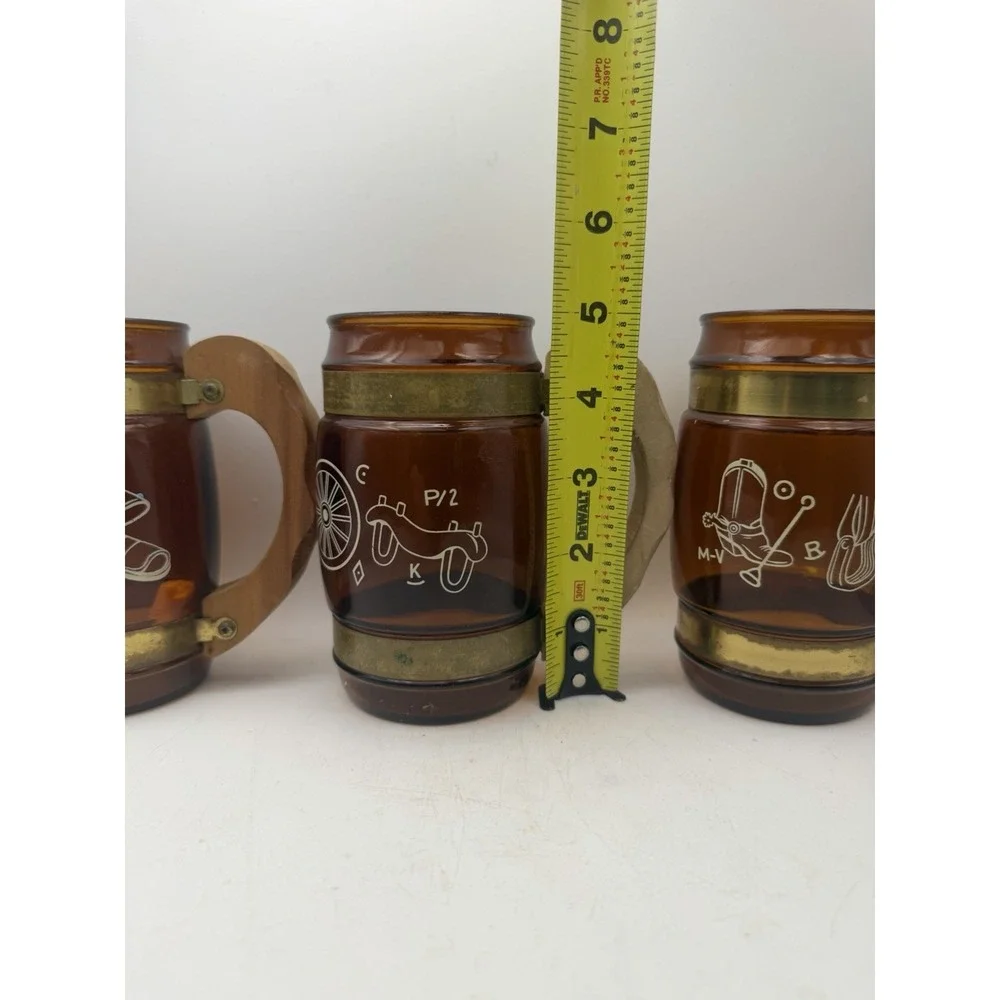Vintage Siesta Ware Amber Glass Mugs Set 3 Wood Handles Brass Bands Etched
